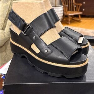 Sorel JOANIE IV Strap Wedge Women's Leather Sandal Black 10.5 NWT
